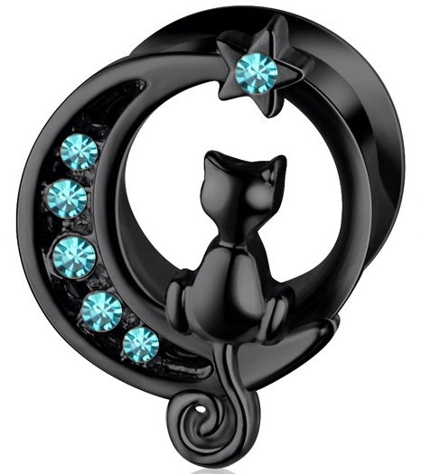 Black Cat & Blue Gem Moon Stainless Steel Ear Plugs