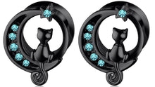 Load image into Gallery viewer, Black Cat &amp; Blue Gem Moon Stainless Steel Ear Plugs
