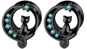 Black Cat & Blue Gem Moon Stainless Steel Ear Plugs