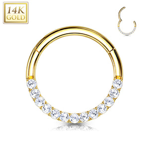 14k Solid Yellow Gold 16G Hinged Hoop w/ Gems