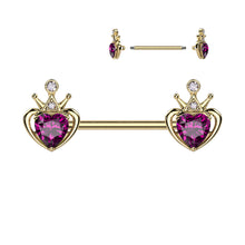 Load image into Gallery viewer, 14G Nipple Barbells w/ Royal Crown &amp; Purple Heart Gem (2 Pack)
