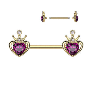 14G Nipple Barbells w/ Royal Crown & Purple Heart Gem (2 Pack)