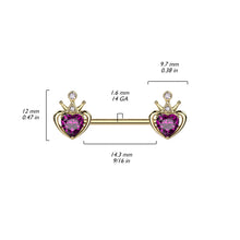 Load image into Gallery viewer, 14G Nipple Barbells w/ Royal Crown &amp; Purple Heart Gem (2 Pack)
