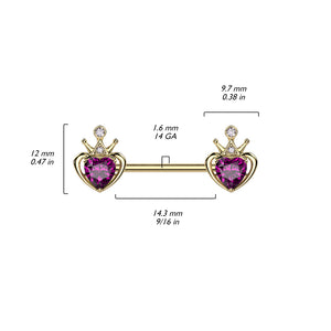 14G Nipple Barbells w/ Royal Crown & Purple Heart Gem (2 Pack)