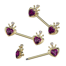 Load image into Gallery viewer, 14G Nipple Barbells w/ Royal Crown &amp; Purple Heart Gem (2 Pack)
