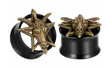 Load image into Gallery viewer, Gold Baphomet on Black Metal Ear Plugs
