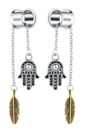 Hanging Hamsa Hand on Chain Ear Plugs