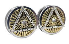 Load image into Gallery viewer, Illuminati Eye Gold Pyramid Ear Plugs
