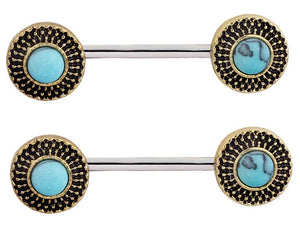 14G Barbell w/ Turquoise Emblem Ends (Pair)
