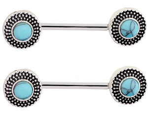 14G Barbell w/ Turquoise Emblem Ends (Pair)