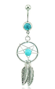 14G Silver Dreamcatcher w/ Turquoise Stone Belly Button Barbell