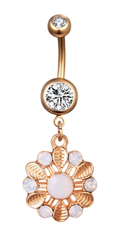 14G Gold Dangle Flower w/ White Gems Belly Button Barbell