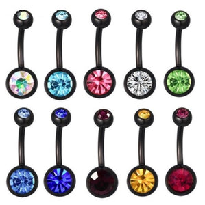 14G Belly Button Black Barbell w/ Color Gems