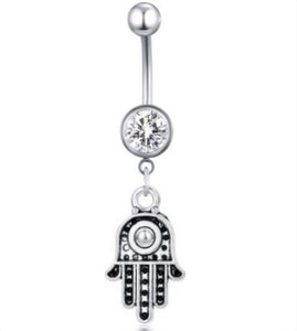 14G Belly Button Barbell w/ Hamsa Hand