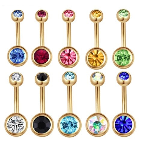 14G Belly Button Gold Barbell w/ Color Gems