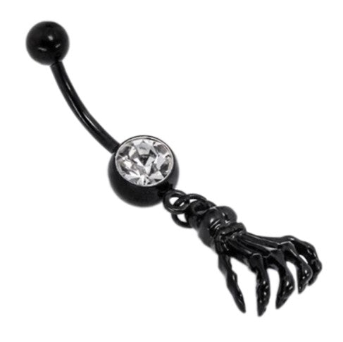 14G Black Belly Button Barbell w/ Hanging Skeleton Hand