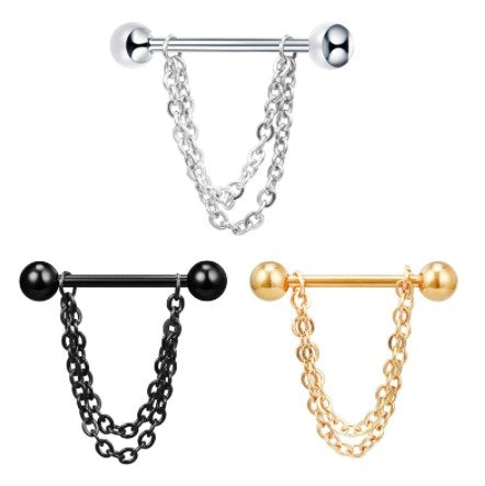 14G Nipple Barbell w/ Hanging Double Chain