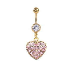 14G Gold Belly Button Barbell w/ Hanging Gem Heart