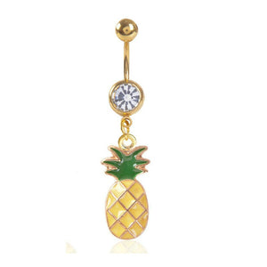 14G Gold Belly Button Barbell w/ Hanging Pineapple