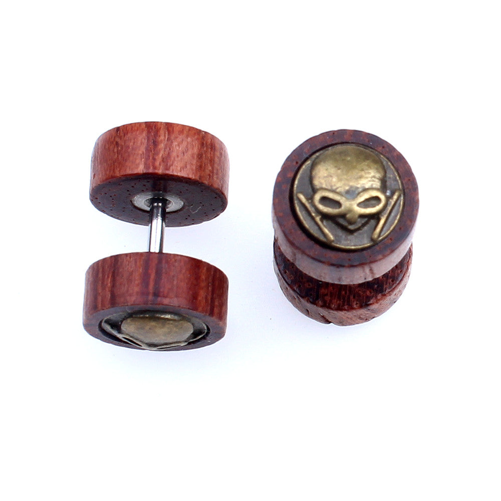 Wood Fake Gauge w/ Alien Face Earrings