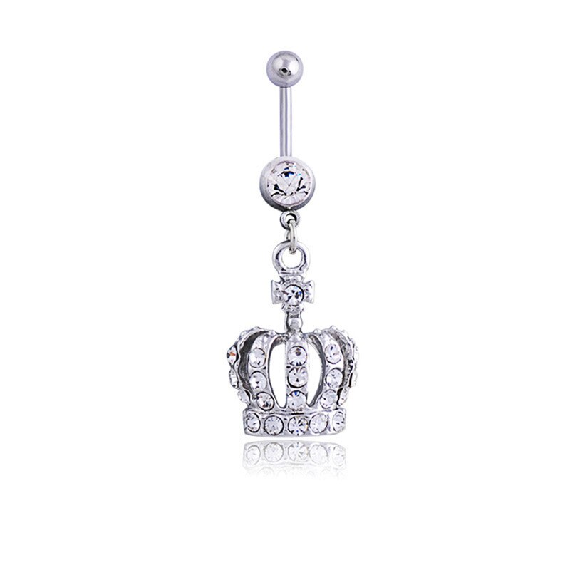 14G Silver Dangle Crown w/ Gems Belly Button Barbell