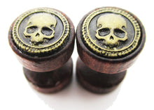 Load image into Gallery viewer, Wood Fake Gauge w/ Skull Metal Emblem Earrings
