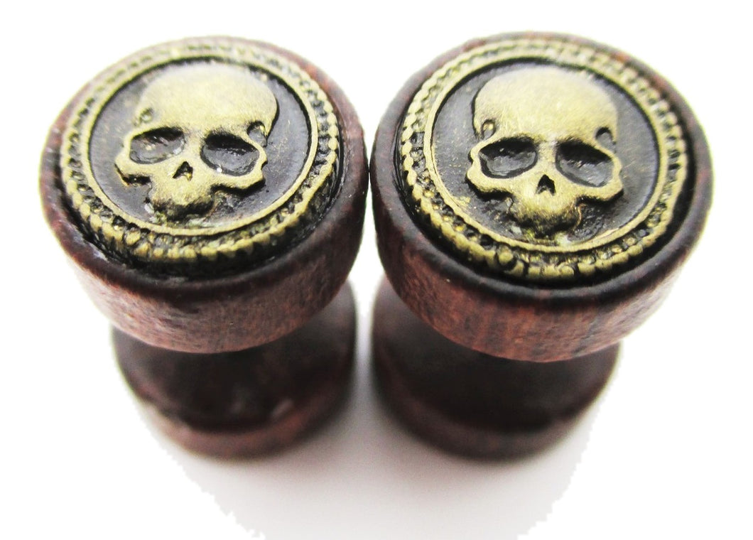 Wood Fake Gauge w/ Skull Metal Emblem Earrings