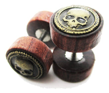 Load image into Gallery viewer, Wood Fake Gauge w/ Skull Metal Emblem Earrings
