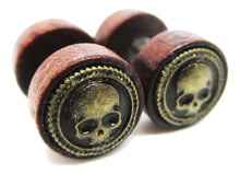 Load image into Gallery viewer, Wood Fake Gauge w/ Skull Metal Emblem Earrings
