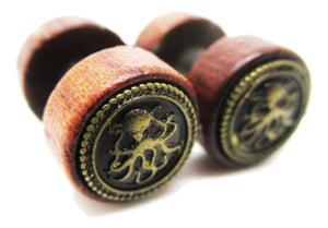 Wood Fake Gauge w/ Octopus Metal Emblem Earrings