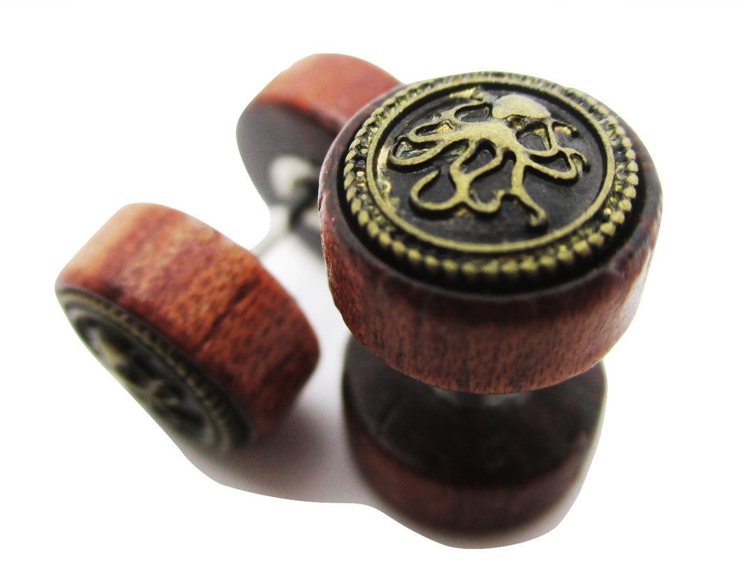 Wood Fake Gauge w/ Octopus Metal Emblem Earrings