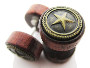 Wood Fake Gauge w/ Star Metal Emblem Earrings