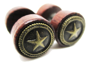 Wood Fake Gauge w/ Star Metal Emblem Earrings